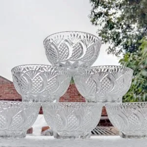 Premium Crystal Glass Bowl Set of 6 – 120 ML | Transparent Katori / Kanch Bowls for Daily Serving & Dining | Royal Flower Design